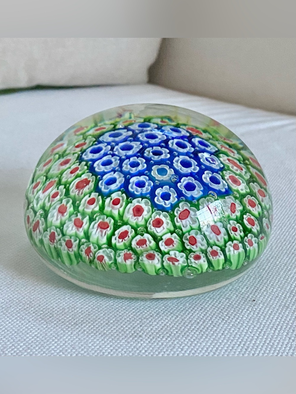 Vtg Millefiori Art Glass Paperweight Blue Red White Green Canes Signed Veni